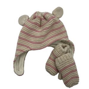 Baby Boden Knitted Beanie and Mittens Striped Hat, Size 12-24 Months, Pink/Beige